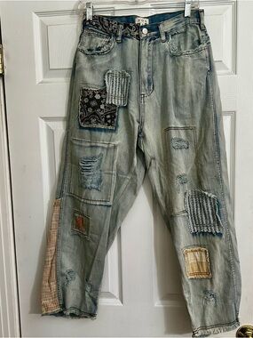 POL Women's Light Blue Patchwork Wide-Leg Jeans